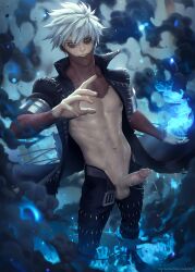 abs big_cock big_penis black_coat black_pants blue_eyes blue_flame boku_no_hero_academia cum_on_body cum_on_penis dabi male_only my_hero_academia scars smoke solo_male touya_todoroki unbuckled_belt unbuttoned_pants uncircumcised white_hair white_pubic_hair zarory