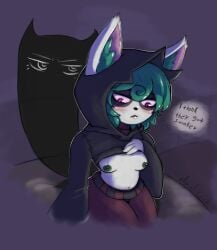 amoral_sociedad artist_signature english_text eyeshadow furry_ears green_hair green_nipples hood hoodie humanoid league_of_legends lifted_by_self narrowed_eyes nipples pink_eyes riot_games shadow_(lol) small_breasts vex_(league_of_legends) yordle