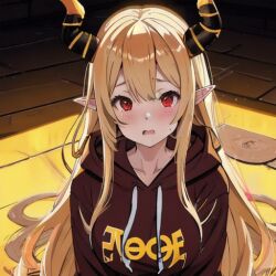 ai_generated blonde_female confused confused_look elf_ears hoodie horn horns implied_rape kneeling_position long_hair original_character readybat2 red_eyes