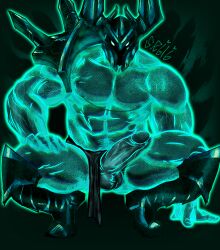 1boy bara bara_tits barazoku big_penis completely_nude gay green_body green_skin helmet horned_helmet league_of_legends looking_at_viewer male male_focus male_nipples male_only manly mordekaiser muscular nude penis solo solo_male yaoi