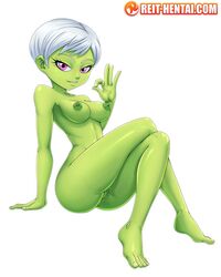 1girls alien_girl barefoot big_breast cheelai cute dragon_ball dragon_ball_super eyelashes feet female full_body green_skin humanoid looking_at_viewer nude nude_female pink_eyes purple_eyes pussy pussy_juice reit short_hair smile solo solo_female toes url watermark wet wet_pussy white_background white_hair