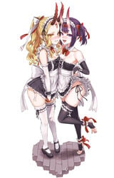 2girls asanagi blonde_hair blush fangs fate/grand_order fate_(series) horns horny ibaraki_douji_(fate) lifting_skirt looking_at_viewer maid maid_headdress multiple_girls oni oni_horns ponytail purple_eyes purple_hair short_hair short_skirt shuten_douji_(fate) side-tie_panties small_breasts thick_thighs thighhighs yellow_eyes