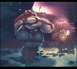 1boy 1girls 2023 ? backpack bra breasts cave deep_rock_galactic dialogue dwarf female female_focus flashlight funny_background_event hips huge_breasts m.u.l.e. robot robot_girl sirevisconde snow tagme thick_thighs thighs tight_clothes tight_clothing wide_hips