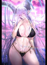 1girls big_breasts bikini black_bikini fate/grand_order fate_(series) female horns huge_breasts long_ears long_hair pink_eyes solo spice_(spicezzumi) thick_thighs tiamat_(fate) white_background wide_hips