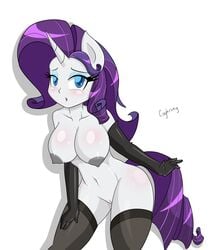 absurd_res anthro breasts clothing cogbrony equid equine female friendship_is_magic furry genitals gloves handwear hi_res horn legwear mammal my_little_pony pussy rarity_(mlp) solo stockings straight_hair unicorn