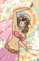 armpits arms_up artist_request belly_dancer belly_dancer_outfit blue_eyes brown_hair contest_dress gamefreak harem_girl harem_outfit may_(pokemon) may_(pokemon)_(arabian_princess) nintendo orange_bra pink_dress pokemon seductive_smile white_skin