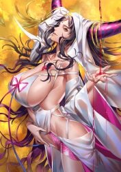 absurdres black_hair blood bow breasts chest_tattoo cleavage clothing_cutout facial_mark fate/extra fate/extra_ccc fate/grand_order fate_(series) female forehead_mark from_side highres horns huge_breasts navel_cutout sessyoin_kiara solo tattoo tenobe thighs veil wavy_hair yellow_background yellow_eyes