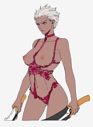 archer_(fate) ass_visible_through_thighs bare_arms bare_shoulders breasts breasts_out choker commentary_request cowboy_shot cropped_legs dark-skinned_female dark_skin dual_wielding fate/stay_night fate_(series) female genderswap_(mtf) grey_background hair_slicked_back holding holding_sword holding_weapon kanshou_&_bakuya_(fate) large_breasts looking_away navel nipples parted_lips partial_commentary pink_lips revealing_clothes rule_63 short_hair simple_background solo standing sword tenobe very_short_hair weapon white_hair yellow_eyes