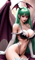 1girls ai_generated alternate_costume asian asian_female big_breasts bra darkstalkers demon_girl eyeliner female female_focus female_only fighter green_hair head_wings hips_wider_than_shoulders large_breasts light-skinned_female light_skin morrigan_aensland pale-skinned_female pale_skin panties seductive strong_woman succubus thick_thighs thighs thong wide_hips