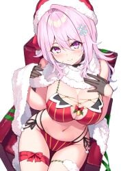 1girls bare_arms bare_shoulders bikini black_choker breasts chair choker christmas cleavage closed_mouth cu-no from_above fur_trim gloves grey_gloves hair_between_eyes hair_ornament half_gloves hand_on_own_chest hands_up hat highres hisen_kaede large_breasts leg_ribbon long_hair looking_at_viewer multi-strapped_bikini navel original pink_hair purple_eyes red_bikini red_headwear ribbon sakura_yayoi santa_bikini santa_hat scarf side-tie_bikini_bottom simple_background sitting smile snowflake_hair_ornament solo stomach string_bikini striped striped_bikini swimsuit thigh_gap thigh_strap thighs white_background