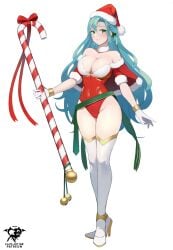 1girls alternate_costume aqua_hair bare_shoulders blue_hair bow breasts candy candy_cane chloe_(fire_emblem) christmas cleavage collar commentary covered_navel female female_only fire_emblem fire_emblem_engage food full_body fur_collar green_eyes groin hat high_heels holding holding_candy holding_food kaos_art large_breasts leotard long_hair looking_at_viewer nintendo off-shoulder_leotard red_bow red_headwear red_leotard santa_hat short_sleeves simple_background smile solo standing thighhighs thighs very_long_hair white_background white_collar white_thighhighs