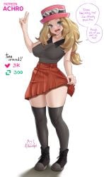 1girls achromaru aged_up alternate_breast_size blonde_hair blue_eyes breasts dialogue english_text female game_freak hat large_breasts long_hair nintendo pokemon pokemon_xy serena_(pokemon) serena_(pokemon_games) shoes simple_background sneakers strip_game twitter_strip_game_(meme)