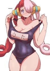 aosora bare_shoulders blush breasts closed_mouth covered_navel cowboy_shot female female_only hair_over_one_eye headphones highres large_breasts long_hair multicolored_hair one-piece_swimsuit one_piece one_piece_film_red pink_hair purple_eyes red_hair school_swimsuit simple_background solo split-color_hair strap_pull swimsuit two-tone_hair uta_(one_piece) very_long_hair wavy_mouth wet white_background