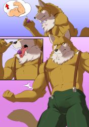 anthro balls bara barazoku bulge dragon_ball dragon_ball_super dragon_ball_z eating flaccid furry lavender_(dragon_ball) male male_only muscle_growth muscles muscular penis reclamon sequence solo solo_male suspenders wolf