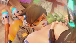 2girls 3d breasts breasts_out cawneil clothed cunnilingus d.va fingerless_gloves grabbing_own_breast heart heart-shaped_pupils hi_res horny kneeling looking_at_another looking_at_partner mistletoe nipple_play orange-tinted_eyewear overwatch overwatch_2 partially_clothed pink_nails seductive_eyes seductive_look submissive_female tinted_eyewear tracer viewed_from_above visor yuri