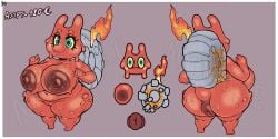 anthro anus big_anus big_breasts big_but big_hipp breasts chubby_female dryadex elemental_creature female fire fire_creature gastropod generation_2_pokemon green_eyes hi_res huge_anus lava lava_creature lava_skin magcargo mineral_fauna model_sheet mollusk nintendo pokemon pokemon_(species) puffy_anus shell solo stubby_legs tail