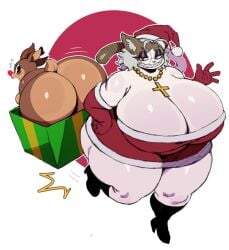 2girls antlers black_eyes brown_fur christmas chubby chubby_female cross crucifix deer feline female_only gilf grey_hair high_heels large_ass large_breasts mascara multiple_girls necklace older_female ophelia_(sssonic2) presenting_ass red_eyes reindeer rudolph_the_red_nosed_reindeer sharp_teeth sssonic2 tail white_fur