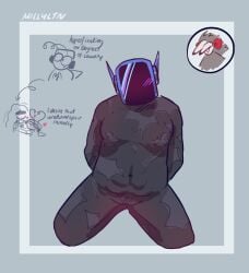 blush cuntboy dark-skinned_male helmet_only hyperlaser_(phighting) intersex katana_(phighting) kneeling phighting scars scars_all_over solo top_surgery_scars