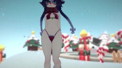 3d animated ass bent_over bikini blue_eyes blue_hair christmas christmas_present christmas_tree clothing dancing female female_focus indie_virtual_youtuber large_ass multicolored_hair music navel pale_skin raccoon raccoon_ears raccoon_girl raccoon_tail santa_hat scarf snowing snuffy sound tagme twintails video virtual_youtuber