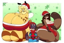 anthro bee bee_girl big_breasts breasts brown_fur christmas christmas_outfit cleavage closed_eyes clothing female furry huge_breasts huge_thighs kneeling mammal pokémon_(species) pokemon pokemon_(species) raccoon_girl santa_hat shinyillusionz sitting size_difference smaller_male smile strapless tail tanuki thick_thighs thighs wide_hips yellow_body zeke_the_zorua zorua