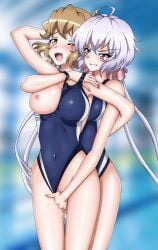 2girls absurdres ahe_gao alternate_costume armlock blonde_hair blurry blurry_background blush breasts commentary_request competition_swimsuit couple fingering hair_ornament hair_ribbon highres kyomeihibiki long_hair medium_breasts medium_hair moaning multiple_girls nipples one-piece_swimsuit open_mouth purple_eyes pussy_juice reach-around ribbon senki_zesshou_symphogear swimsuit tachibana_hibiki_(symphogear) white_hair yellow_eyes yukine_chris yuri