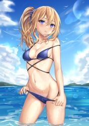 absurdres bare_shoulders bikini bikini_pull blonde_hair blue_bikini blue_eyes blue_nails blue_scrunchie blue_sky blush breasts cleavage clothes_pull collarbone cowboy_shot day edchi female hair_ornament hair_scrunchie hayasaka_ai highres kaguya-sama_wa_kokurasetai_~tensai-tachi_no_renai_zunousen~ long_hair looking_at_viewer nail_polish navel outdoors parted_lips photoshop_(medium) pulled_by_self scrunchie side_ponytail sky smile solo stomach strap_slip swimsuit wading water