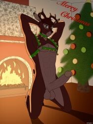 abs anthro antlers balls bambi_(film) bell bell_collar bell_harness big_penis brown_body brown_fur brown_hair christmas christmas_tree collar deer digital_media_(artwork) disney dustin_c erection fire fireplace fur gay genitals green_eyes hair harness hi_res holidays horn humanoid_genitalia humanoid_penis jingle_bell jingle_bell_collar jingle_bell_harness looking_at_viewer male mammal muscular muscular_anthro muscular_male new_world_deer nude penis plant ronno shaded smile solo tail text tree