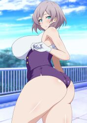 absurdres aqua_eyes ass bare_shoulders blush breasts cloud cloudy_sky corset curvy female gloves gridman_universe highres huge_breasts light_purple_hair looking_at_viewer mujina narrow_waist outdoors plump purple_corset railing shiny_skin short_hair short_shorts shorts sky solo space_gorilla ssss.dynazenon thick_thighs thighs tile_roof white_gloves