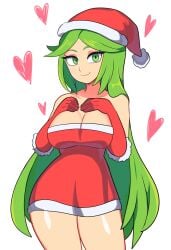 1girls bbycheese breasts christmas christmas_outfit cleavage elbow_gloves female female_only green_eyes green_hair hands_on_own_chest hearts hearts_around_body hearts_around_head kid_icarus long_green_hair long_hair looking_at_viewer nintendo palutena santa_costume santa_dress santa_hat solo tagme