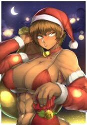 1girls abs armpits armwear bell big_breasts bikini blush breasts christmas christmas_outfit dark-skinned_female dark_skin female female_focus female_only gyaru hi_res merry_christmas muscles muscular muscular_female original original_character red_bikini santa_bikini santa_hat short_hair solo solo_female solo_focus tofo_u tomboy