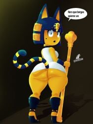 animal_crossing ankha ankha_(animal_crossing) big_ass breasts cat_ears cat_tail catgirl dialogue huge_ass looking_at_viewer penicilino123 pepitocuario123 spanish_text thick_thighs yellow_fur