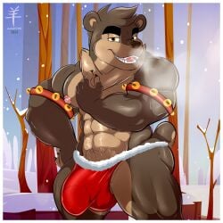 1:1 2023 aaron_(artist) abs anthro ass balls balls_outline barely_visible_balls barely_visible_genitalia bear beckoning big_bulge border breath_cloud brown_body brown_eyes brown_fur brown_hair bulge christmas christmas_clothing christmas_underwear clothed clothing dillon_(aaron) fur genital_outline genitals gesture hair hand_on_hip hi_res holidays jingle_bell_armband male mammal muscular muscular_male neck_tuft nipples outside penis_outline plant pubes red_clothing red_underwear short_hair skimpy smile smiling_at_viewer smirk smirking_at_viewer snow snowing solo tan_body tan_fur thong tree tuft underwear watermark white_border