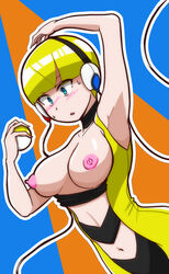 1girls abs areolae big_breasts blonde_hair blue_eyes blush elesa_(pokemon) elesa_(pokemon_bw) female gym_leader headphones human kukanugi nintendo nipples partially_clothed pokeball pokemon pokemon_bw solo surprised