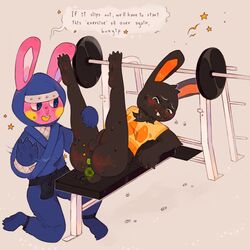 1:1 2020 anal_beads anal_beads_in_ass animal_crossing anthro balls black_body black_fur blush bodily_fluids bottomless buckteeth clothed clothing cole_(animal_crossing) dumbbell duo english_text fur genitals hi_res kneeling lagomorph legs_up leporid lube lube_drip lying male male/male mammal ninja nintendo on_back pawpads penis pink_body pink_fur presenting rabbit sex_toy shirt smallcats smile snake_(animal_crossing) spanking spanking_marks speech_bubble star sweat teeth text topwear video_games warrior weights