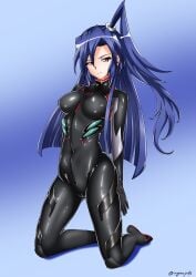 absurdres blue_background blue_eyes blue_hair blush breasts commentary_request cosplay female gradient_background highres kazanari_tsubasa kyomeihibiki long_hair looking_at_viewer medium_breasts neon_genesis_evangelion one_side_up plugsuit rei_ayanami rei_ayanami_(cosplay) senki_zesshou_symphogear shiny_clothes simple_background solo