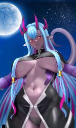 absurdres blue_hair blush breasts cleavage clothing_cutout colored_skin cosplay fate/grand_order fate_(series) female gloves grey_skin highres horns ibuki_douji_(fate) ibuki_douji_(swimsuit_berserker)_(fate) ingrid_(taimanin_murasaki) ingrid_(taimanin_murasaki)_(cosplay) large_breasts long_hair looking_at_viewer multicolored_hair navel navel_cutout night night_sky oni oni_horns parted_lips pink_hair pointy_ears raskasar red_eyes revealing_clothes sidelocks sky solo tail taimanin_(series) taimanin_murasaki underboob underboob_cutout