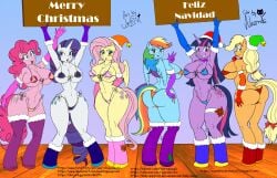 2023 absurd_res accessory anthro anthrofied applejack_(mlp) areola areola_slip arms_above_head armwear big_breasts bikini blonde_hair blue_eyes blush boots breasts camel_toe choker christmas christmas_clothing christmas_headwear clothed clothing cutie_mark earth_pony elbow_gloves english_text equid equine feathered_wings feathers female fluttershy_(mlp) footwear friendship_is_magic front_view garter gloves green_eyes group hair hand_behind_back hand_on_hip handwear hasbro hat headgear headwear hi_res holding_object holding_sign holidays horn horse inside jewelry jojocoso legwear long_hair looking_at_viewer looking_back looking_back_at_viewer mammal mane_six_(mlp) multicolored_hair my_little_pony mythological_creature mythological_equine mythology navel necklace nuemek open_mouth open_smile orange_body pegasus pink_body pink_hair pinkie_pie_(mlp) pony purple_body purple_eyes purple_hair rainbow_dash_(mlp) rainbow_hair rarity_(mlp) rear_view santa_hat sign simple_background skimpy smile spanish_text standing string_bikini swimwear text thick_thighs thigh_boots thigh_highs twilight_sparkle_(mlp) unicorn wide_hipped_female wide_hips wings yellow_body