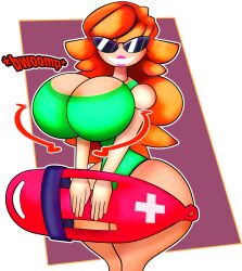 1girls beach big_breasts cleavage disney doodlewill female knick_knack large_hips leotard lifeguard long_hair pixar public red_hair rescue_buoy sand smiling sunglasses sunnification sunny_persona swimsuit thin_waist water wide_hips