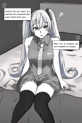 1boy 1girls anal anal_only anal_princess anal_sex english_text grayscale hatsune_miku inviting_to_sex meeow68 on_bed tie twintails vocaloid