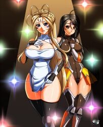 2girls ahoge belldandy black_hair blue_eyes breasts brown_eyes brown_hair cleavage cleavage_cutout clothing_cutout cosplay facial_mark forehead_mark gloves huge_breasts igawa_sakura igawa_sakura_(cosplay) impossible_clothes jadenkaiba long_hair looking_at_viewer medium_breasts multiple_girls oh_my_goddess! siblings sisters skuld taimanin_(series) taimanin_asagi taimanin_murasaki taimanin_suit thighhighs yatsu_murasaki yatsu_murasaki_(cosplay)