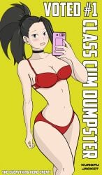 apprehensive big_breasts black_hair choker kungfu_jacket momo_yaoyorozu my_hero_academia ponytail selfie underwear