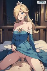 1girls ai_generated ass bed bedroom blonde_hair blowing blowjob blue_dress blue_eyes cowgirl_position crown dress earrings female half-dressed half_naked mario_(series) nintendo nintendo_switch off_shoulder open_mouth penis_in_pussy princess princess_rosalina pull_up_dress revealing_pussy sex vagina vaginal_penetration ww132