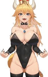 absurdres ass_visible_through_thighs black_leotard black_nails black_sleeves black_thighhighs blonde_hair blue_eyes bowsette bracelet breasts collar collarbone commentary detached_sleeves female fingernails groin highres horns jewelry k.pumpkin large_breasts leotard mario_(series) mole mole_under_mouth necklace new_super_mario_bros._u_deluxe sharp_teeth simple_background solo spiked_bracelet spiked_collar spiked_tail spikes super_crown symbol-only_commentary tail teeth thighhighs thighs tongue white_background