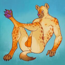 animal_genitalia anthro anus balls genitals hi_res hyena male male_only mammal nude ornge pawpads purple_eyes sheath sitting solo solo_male