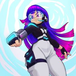 1girls bangs blue-tinted_eyewear bodysuit female female_focus female_only glitch_techs headset long_hair miko_kubota pixelboan purple_hair smile smooth_skin solo tagme thighs tinted_eyewear very_long_hair visor