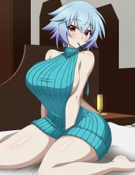 absurdres blue_hair blush breasts female food highres infinite_stratos large_breasts looking_at_viewer meme_attire pocky red_eyes ribbed_sweater sarashiki_tatenashi shiny_skin short_hair solo space_gorilla sweater virgin_killer_sweater