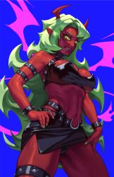 1girls black_outfit exposed_midriff green_eyes green_fingernails green_hair horns leather leather_outfit leather_skirt leather_topwear oerba_yun_fang panty_&_stocking_with_garterbelt pointed_ears red_skin rim_jims scanty_daemon spiked_bracelet spiked_collar spikes