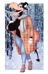 absurd_res anthro anthro_only belly big_breasts boolishclara boots bovid bovine breasts cattle clarabelle_cow clothing disney female footwear hi_res huge_breasts mammal pose scarf thick_thighs winter