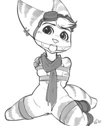 2020 alec8ter anthro arms_tied ball_gag bondage bound breasts ear_piercing ear_ring female gag gagged genitals kneeling lombax looking_at_viewer mammal monochrome piercing pussy ratchet_and_clank rift_apart_lombax rivet_(ratchet_and_clank) scarf simple_background solo video_games white_background