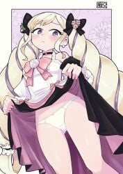 1girls alternate_costume black_bow black_choker blonde_hair blush border bow chichibu_(watson) choker closed_mouth clothes_lift commentary_request commission dress dress_lift earrings elise_(fire_emblem) elise_(valentine)_(fire_emblem) eyelashes female female_only fire_emblem fire_emblem_fates fire_emblem_heroes flower frills head_tilt highres jewelry lifted_by_self long_hair looking_down multicolored_hair nintendo official_alternate_costume outside_border panties pink_bow pink_flower purple_eyes sidelocks solo streaked_hair twintails underwear white_border white_dress white_panties